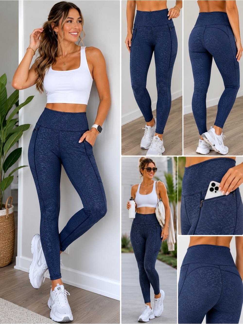 Nicole Miller Sport Blue Leopard Print High Rise Legging M Zip Pocket Athleisure